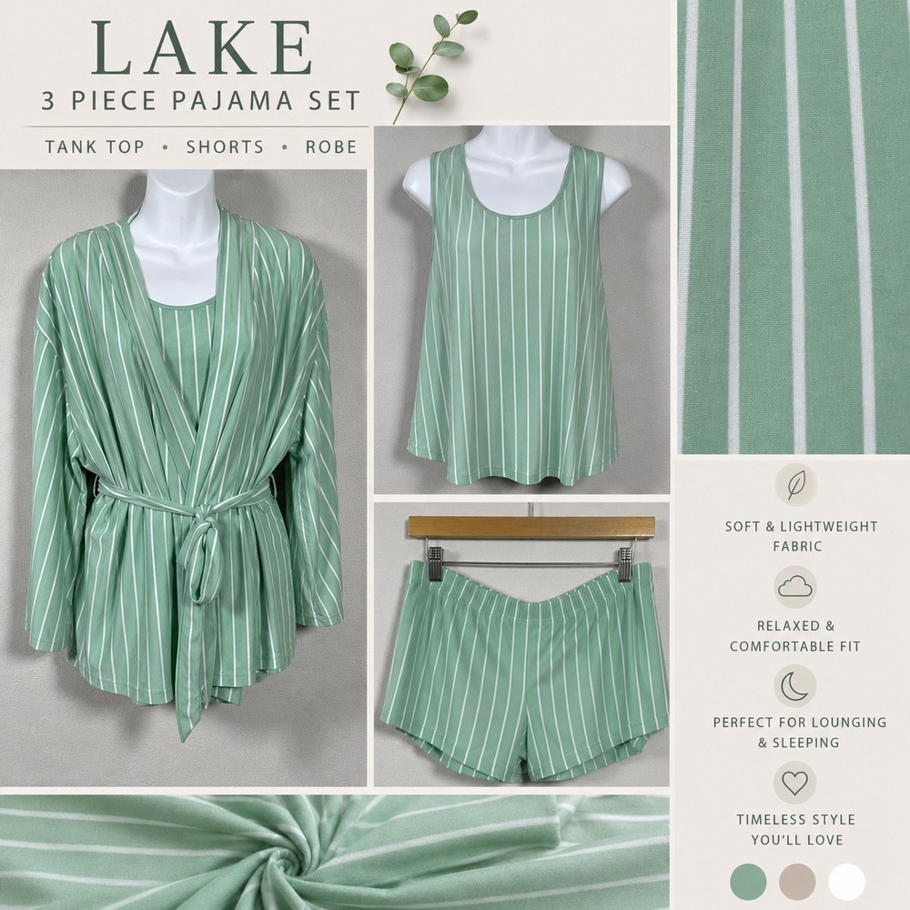 LAKE Pajamas Kimono 3 Piece Set Striped Pajama Shorts Womens XL Mint Green